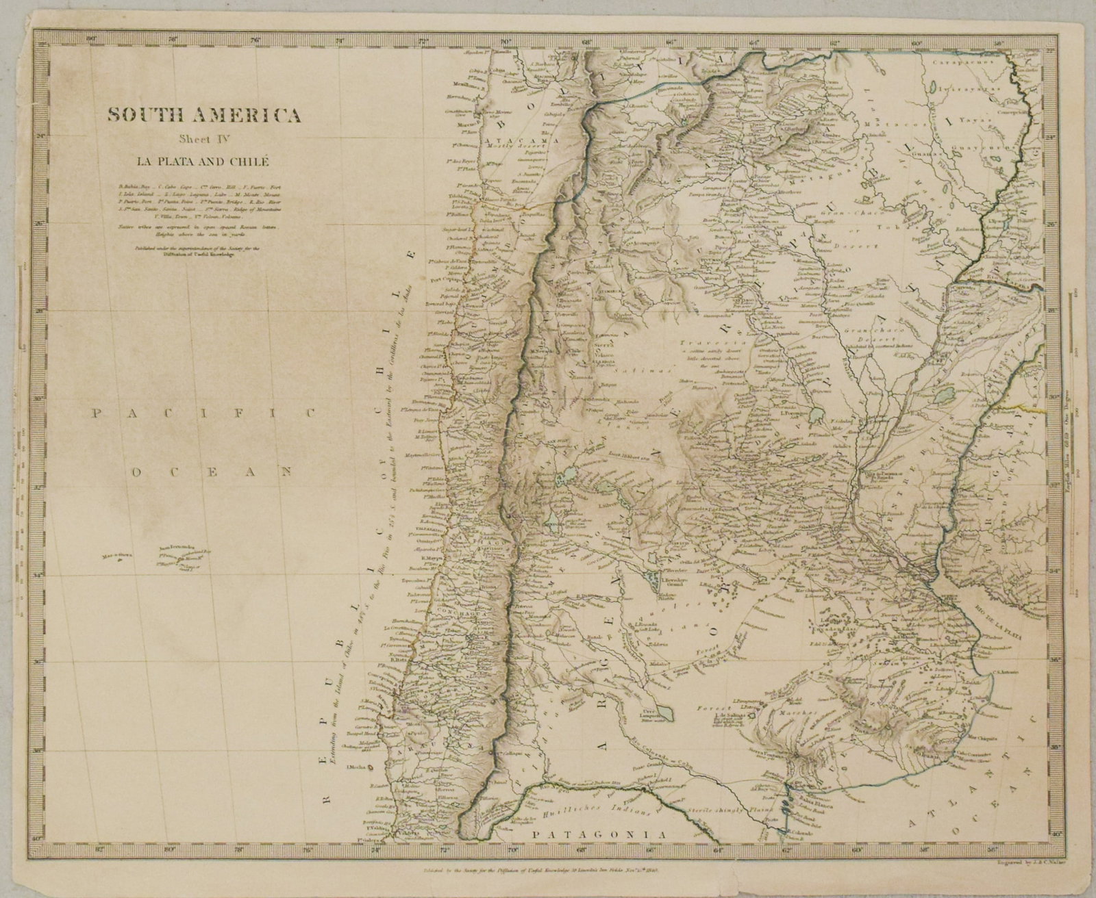 1840 SDUK Map of Northcentral Chile and Argentina -- South America Sheet IV La Plata and Chile: Title:1840 SDUK Map of Northcentral Chile and Argentina -- South America Sheet IV La Plata and Chile,li>Cartographer:SDUK Year/Place:1840, London Map Dimension (in.):12.6 X 15.4 in Description:This is