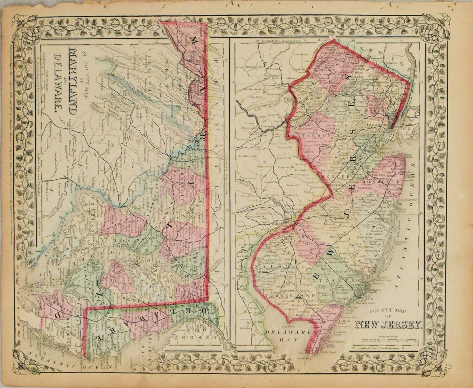 1867 Mitchell Map of New Jersey, Maryland, Delaware -- County Map of New Jersey [and] County Map of (1 of 1)