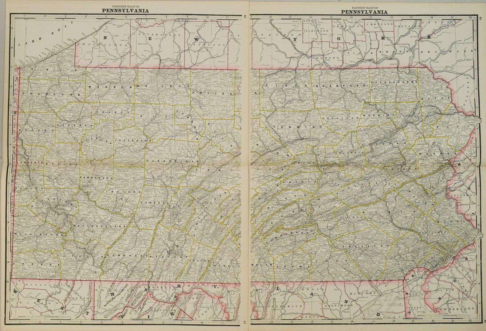 1889 Cram Map of Western and Eastern Pennsylvania on Two Sheets -- Western Half of Pennsylvania [and (1 of 1)