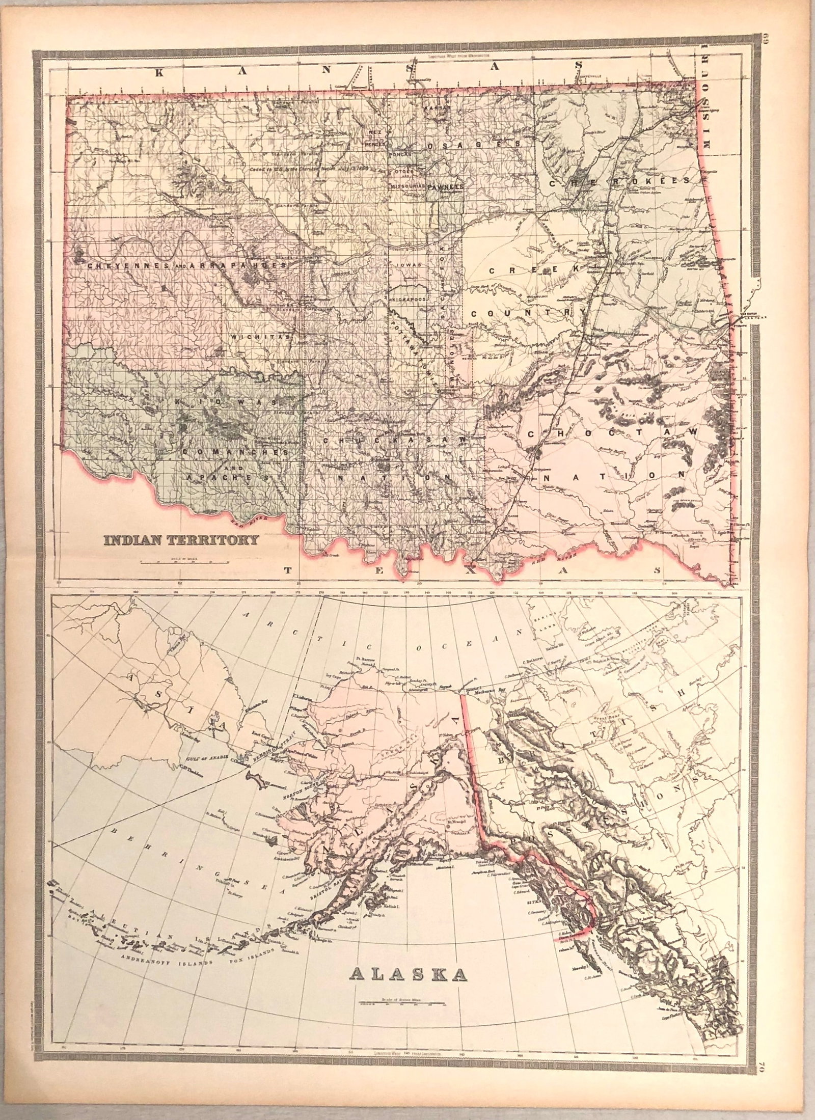 1889 Bradley Map of Indian Territory and Alaska -- Indian Territory [on sheet with] Alaska: Title:1889 Bradley Map of Indian Territory and Alaska -- Indian Territory [on sheet with] Alaska,li>Cartographer:M Bradley Year/Place:1889, Philadelphia Map Dimension (in.):23.5 X 17.1 in. combined