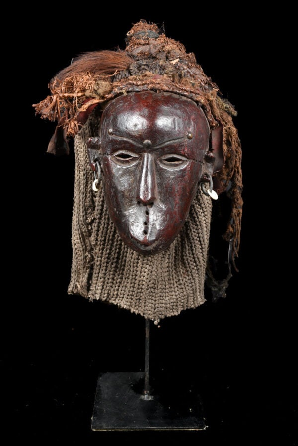 Mask - Wood, Rope - Lwena - Angola: Beautifull aged Lwena mask from Angola. As with the neighboring Chokwe people, Lwena masks representing ideal young female beauty, Mwano Pwo, were danced with male counterparts, Chihongo, during