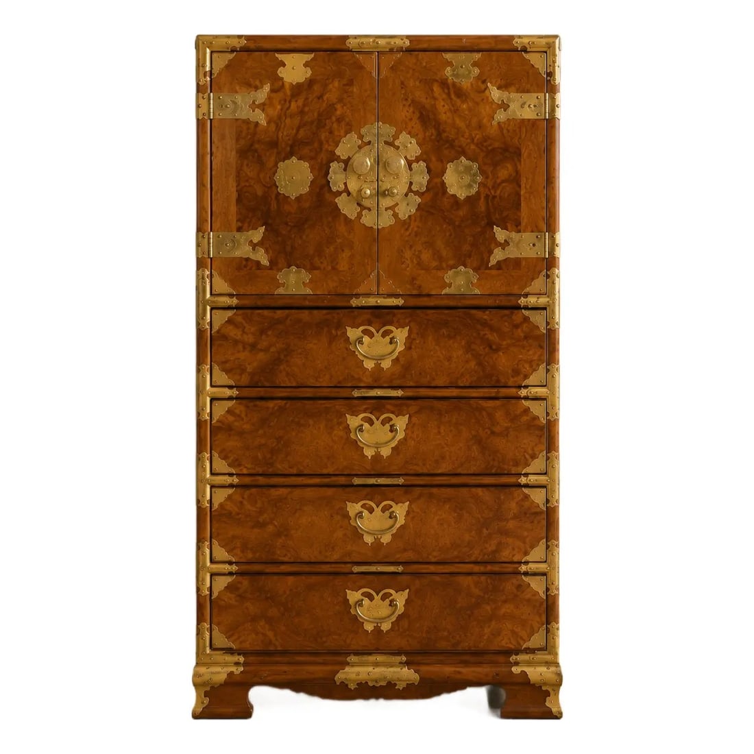 Korean Style Burl Wood Cabinet with Brass Hardware - 5