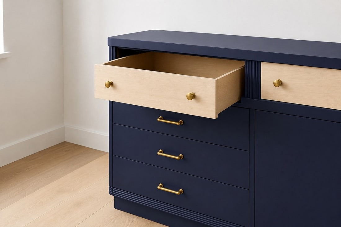 Modern Navy Blue and Natural Wood Six-Drawer Dresser with Brass Hardware - 2