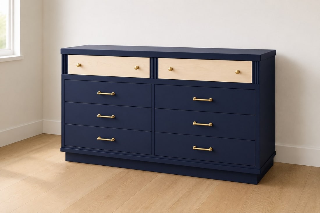 Modern Navy Blue and Natural Wood Six-Drawer Dresser with Brass Hardware - 3