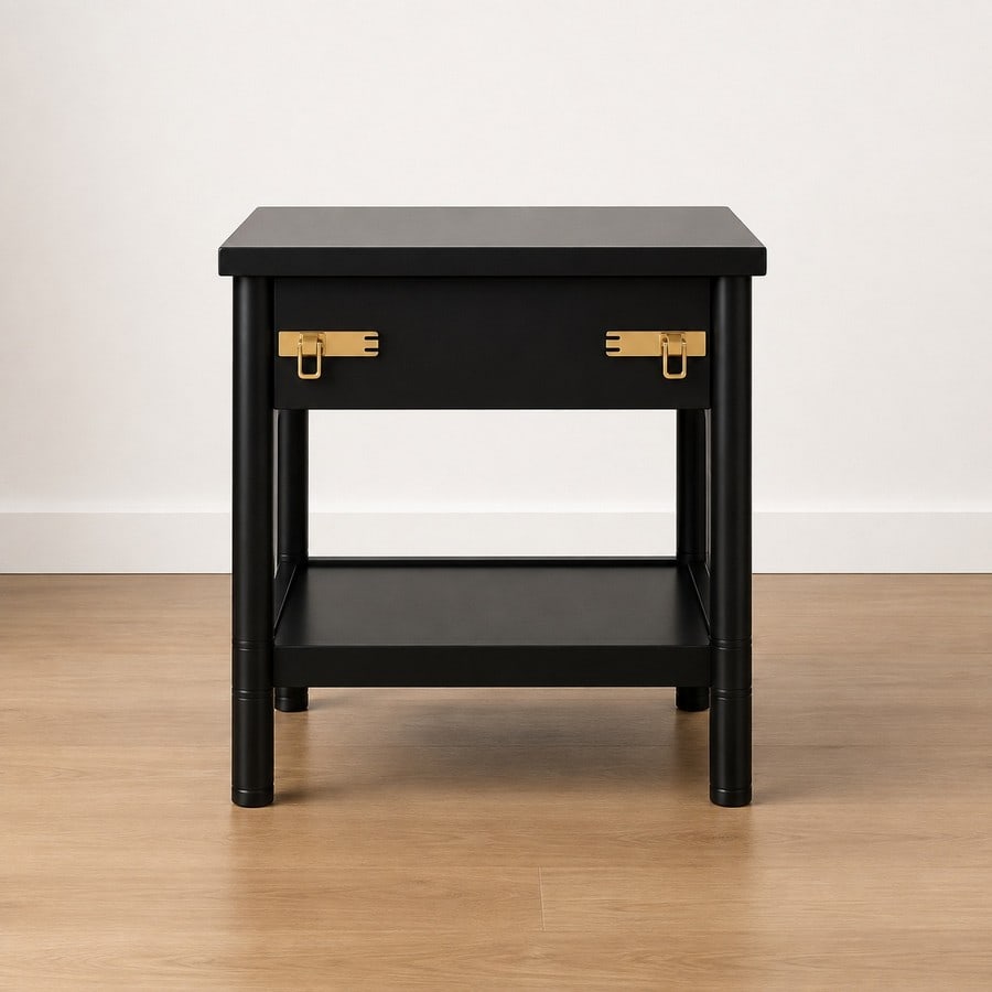 Contemporary Black Lacquered Wood End Table with Brass-Tone Hardware - 2