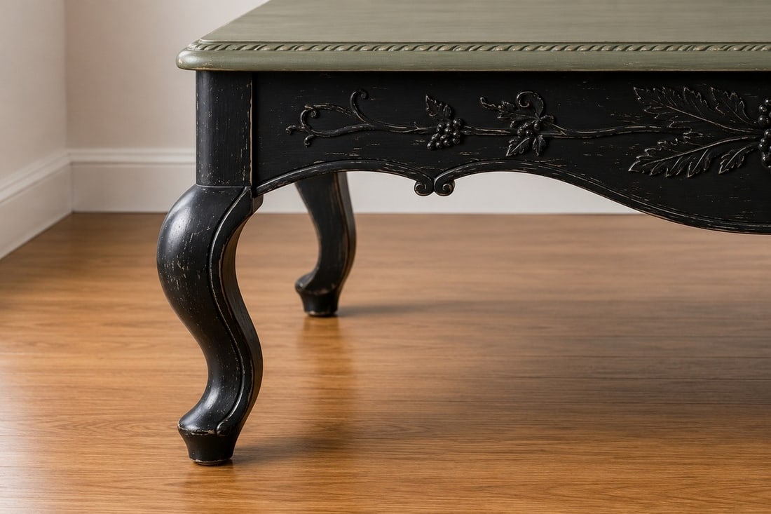 French Country Carved Black Painted Coffee Table - 3