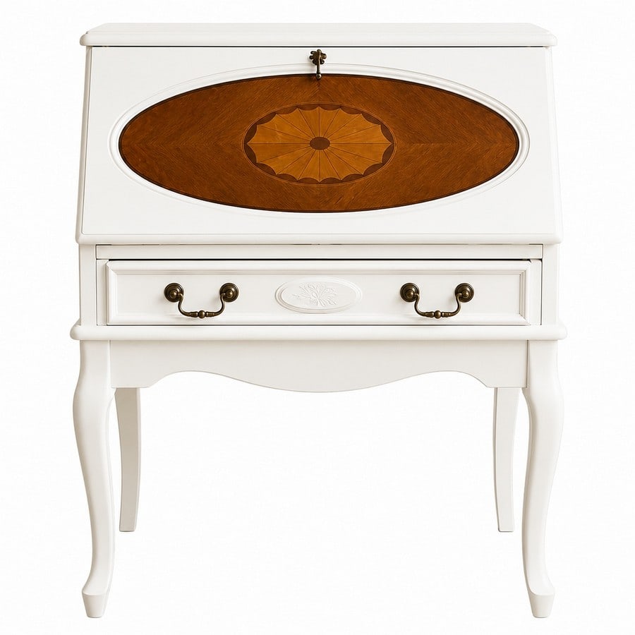 Petite French Provincial Style Secretary Desk: A petite French Provincial style secretary desk, featuring a white painted finish and a drop-front writing surface with an oval marquetry inlay depicting a sunburst motif. The desk stands on elegant