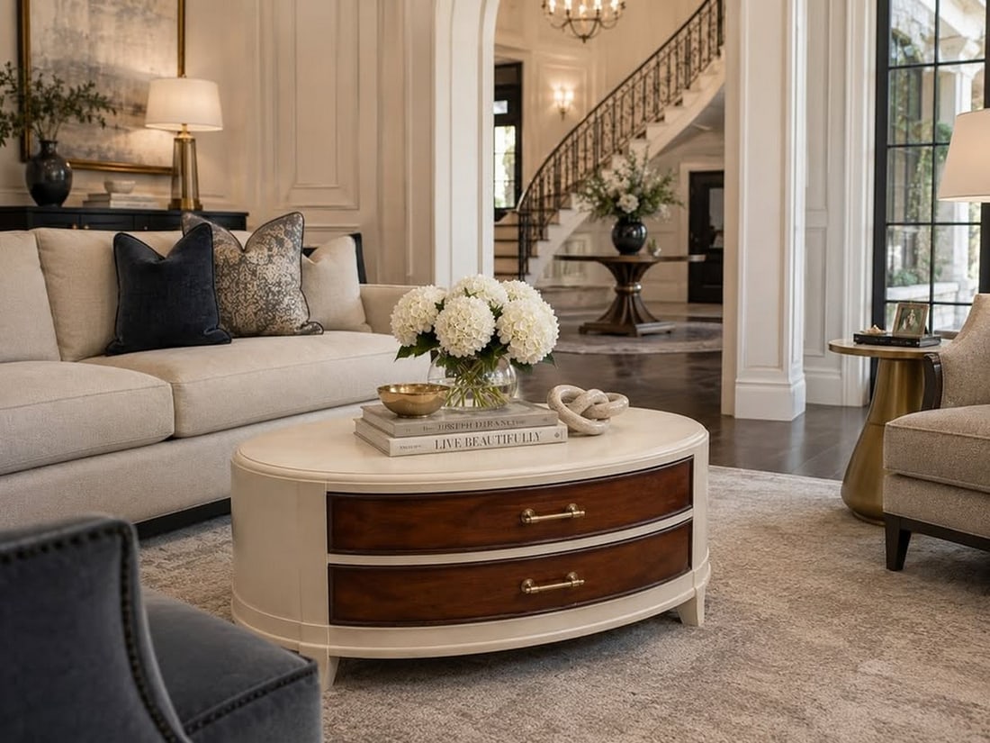 Contemporary Oval Coffee Table with Drawers - 2