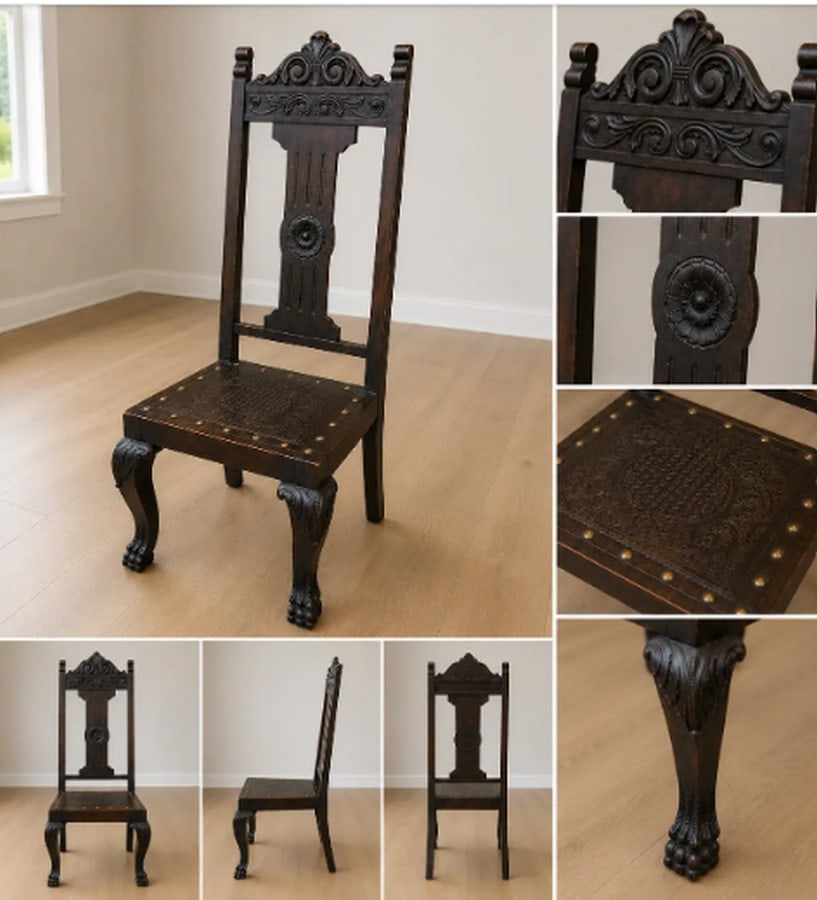 Antique Jacobean Revival Dining Chairs, Set of 5, Carved Wood & Embossed Leather - 2