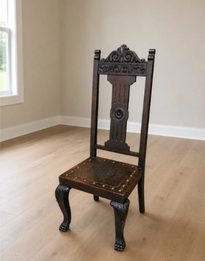 Antique Jacobean Revival Dining Chairs, Set of 5, Carved Wood & Embossed Leather - 3