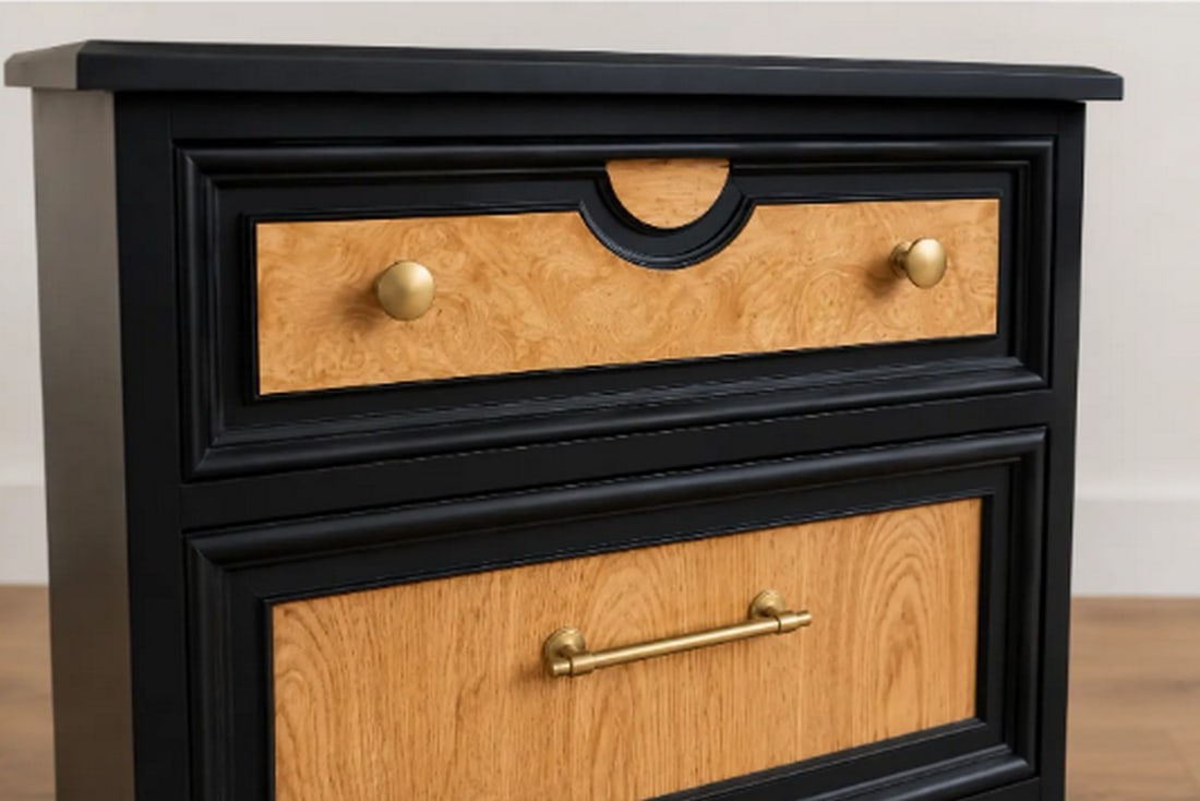 Pair of Thomasville Black Lacquered Burl Wood Nightstands - 2