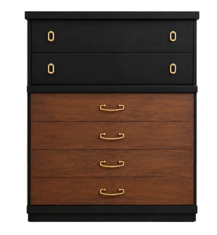 Mid-Century Bassett Furniture Industries Two-Tone Dresser: A Mid-Century Modern dresser by Bassett Furniture Industries, featuring a two-tone design with black upper drawers and natural wood lower drawers. The dresser has a total of five drawers, with the