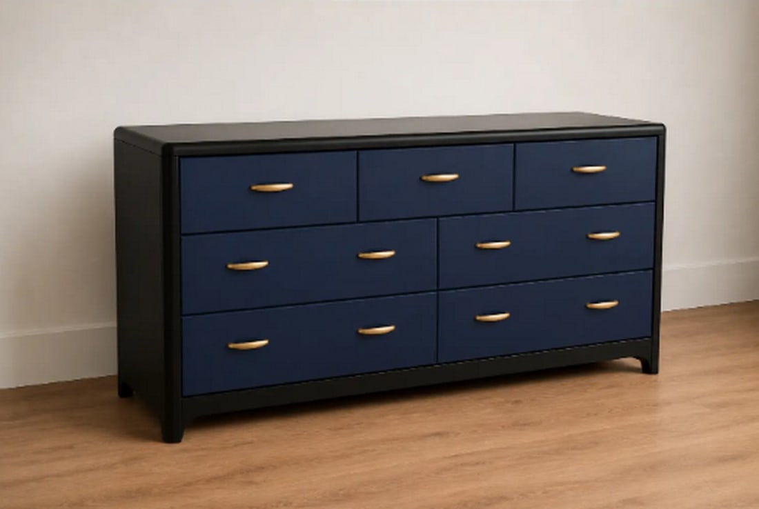 Contemporary Navy Blue and Black Seven-Drawer Dresser with Brass-Tone Hardware - 2