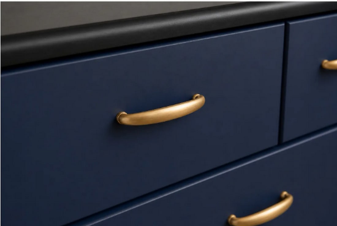 Contemporary Navy Blue and Black Seven-Drawer Dresser with Brass-Tone Hardware - 3
