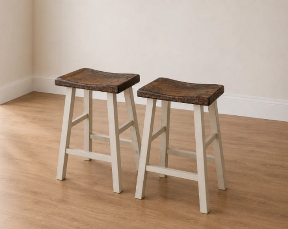 Pair of Rustic Farmhouse Style Saddle Seat Counter Stools - 2