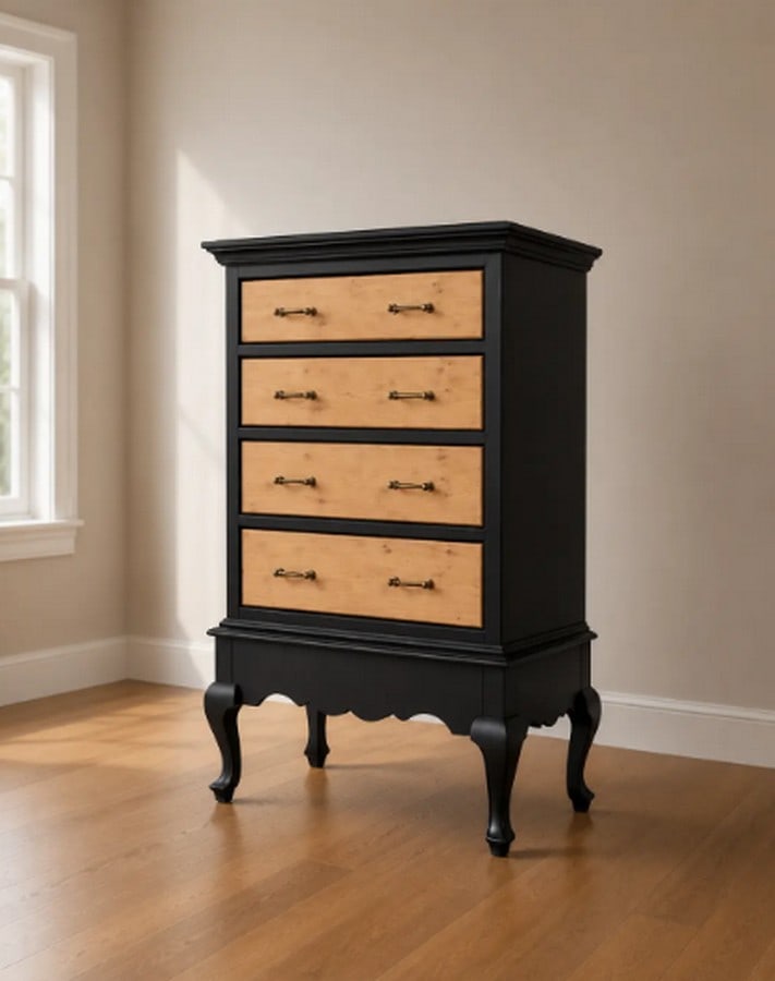 Contemporary Black-Painted and Natural Wood Tall Chest of Drawers - 2