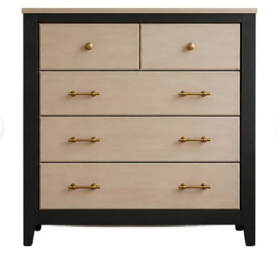 Modern Two-Tone Five-Drawer Chest with Brass Hardware: This contemporary chest features a two-tone design with a black frame and light wood-finished drawer fronts. It offers ample storage with five drawers, including two smaller drawers at the top and