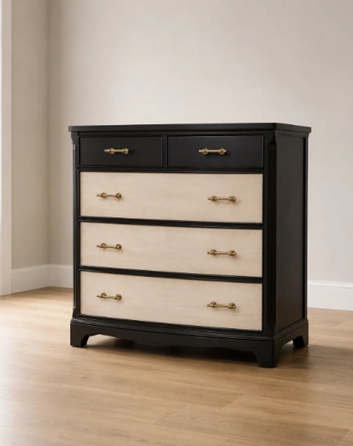 Contemporary Black and Light Wood Chest of Drawers with Brass Hardware - 2