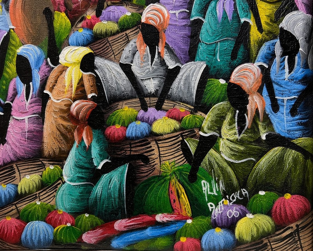 Vibrant Haitian Market Scene Textured Painting by Pluviose, 2006 (1 of 4)