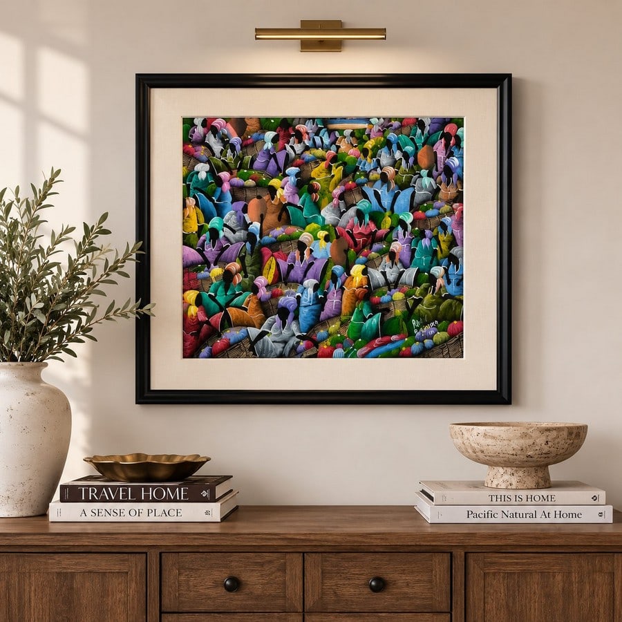 Vibrant Haitian Market Scene Textured Painting by Pluviose, 2006 - 2