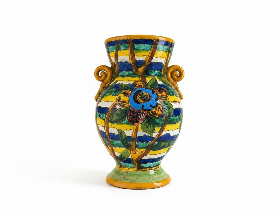 Vintage Italian Majolica Hand-Painted Ceramic Vase with Floral and Striped Motif: A vibrant vintage Italian majolica ceramic vase, hand-painted with a distinctive floral and striped motif. The vase features a bold blue flower at its center, surrounded by complementary foliage and