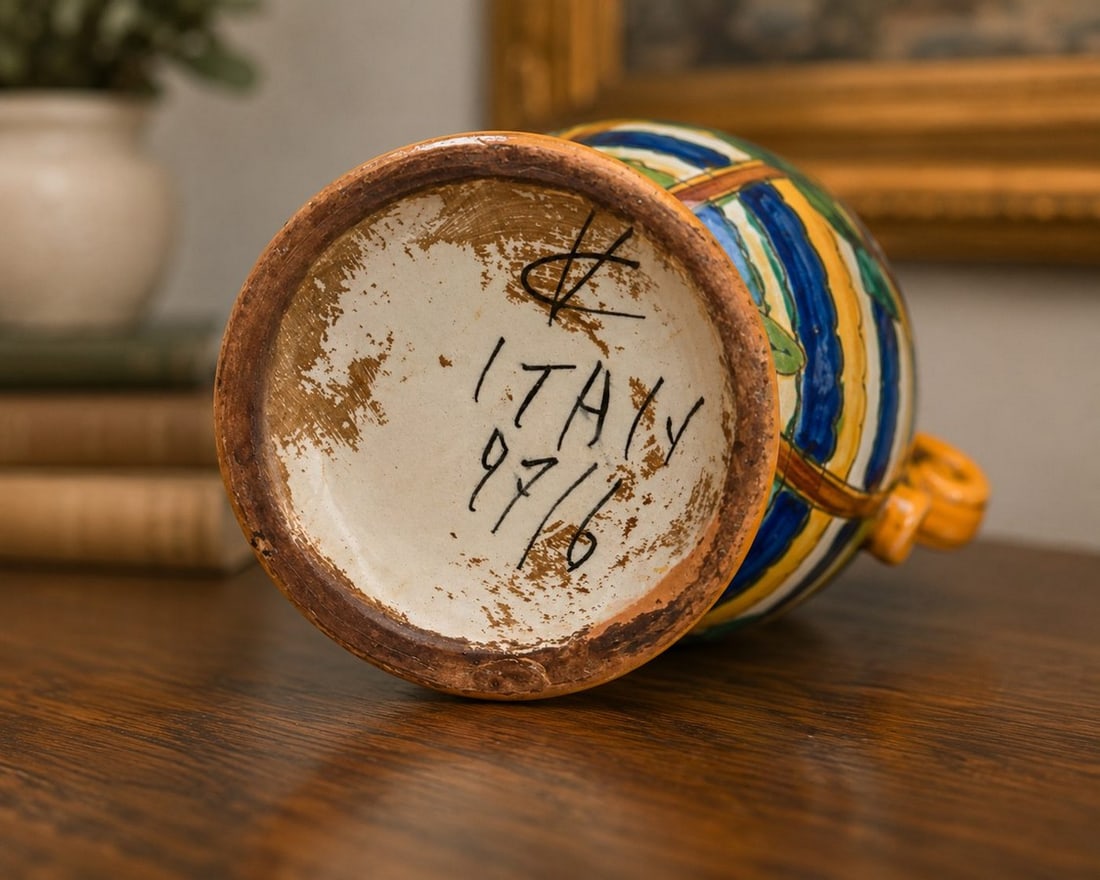 Vintage Italian Majolica Hand-Painted Ceramic Vase with Floral and Striped Motif - 2