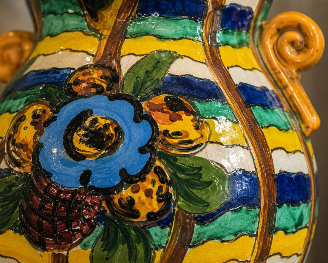 Vintage Italian Majolica Hand-Painted Ceramic Vase with Floral and Striped Motif - 3