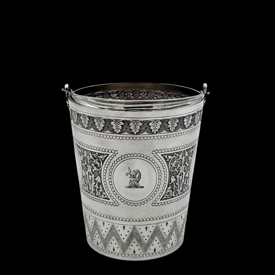19th Century Antique Victorian Sterling Silver Ice Bucket London 1898 Barnard Family: Description Rare and highly desirable pail themed ice bucket decorated with a host of stunning segmentated engraved designs and a central crested cartouche beautifully capped with a purposeful swing