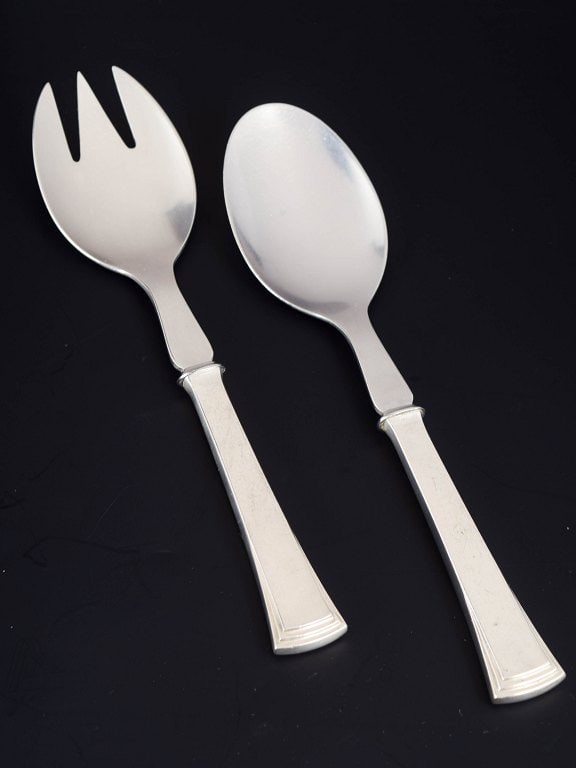 Evald Nielsen, Denmark. Set of salad spoon and salad fork in sterling silver and stainless steel. (1 of 5)