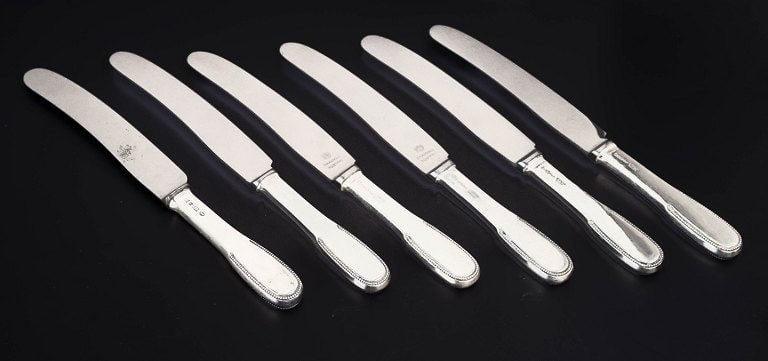 Evald Nielsen, Denmark. Set of six lunch knives in sterling silver and stainless steel. Approx.: Title:Evald Nielsen, Denmark. Set of six lunch knives in sterling silver and stainless steel. Approx. 1930s. Description:Evald Nielsen lunch knives, set of six. Model number 14 Elegant lunch knives in