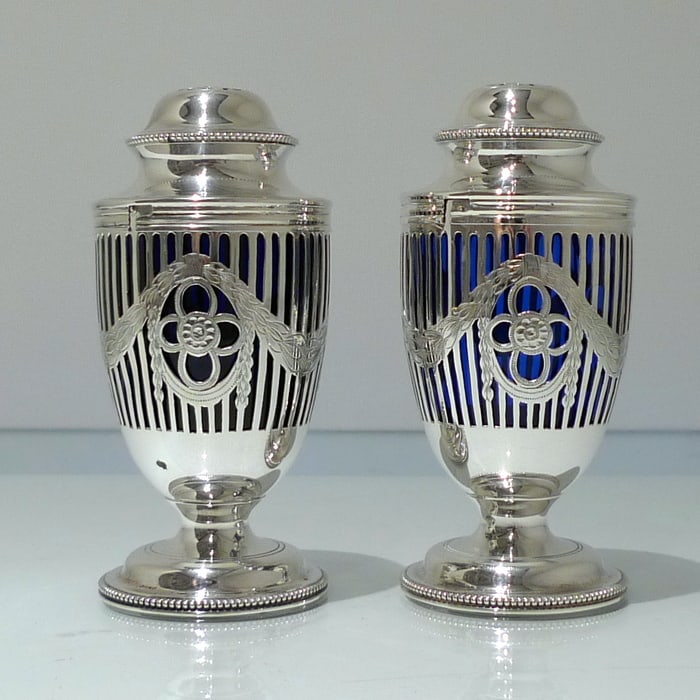 Early 20th Century Antique George V Sterling Silver Pair Sugar Casters London 1911 Charles Stuart: Description A decorative pair of early 20th century silver bead border sugar casters. ¬†The bodies are elegantly pierced with a engraved central hanging floral garland for highlights.