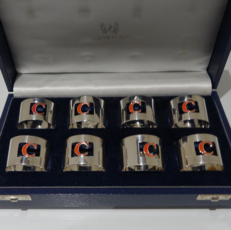 Set 8 Cased Silver & Enamelled Napkin Rings Retailed By Crawford - 3