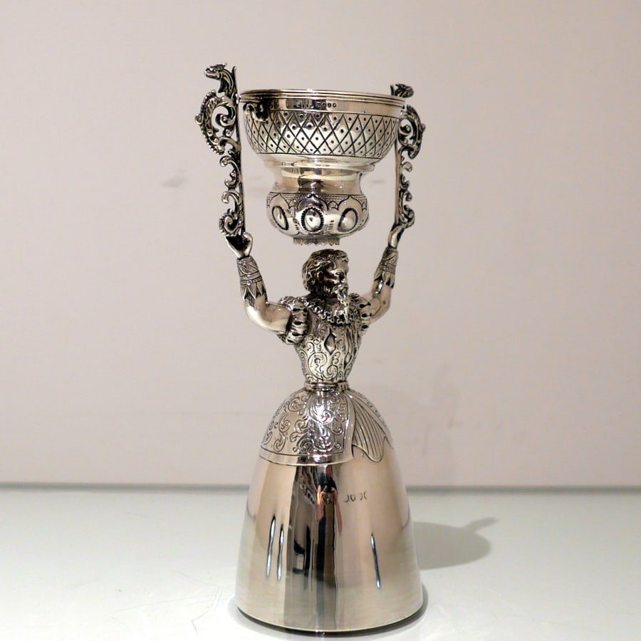 19th Century Antique Victorian Sterling Silver Figural Wager Cup London 1884 Charles Stuart Harris - 6
