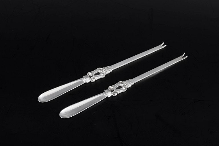 Georg Jensen Acorn, Denmark. Set of two silver lobster forks in the Acorn pattern. After 1944. (1 of 4)