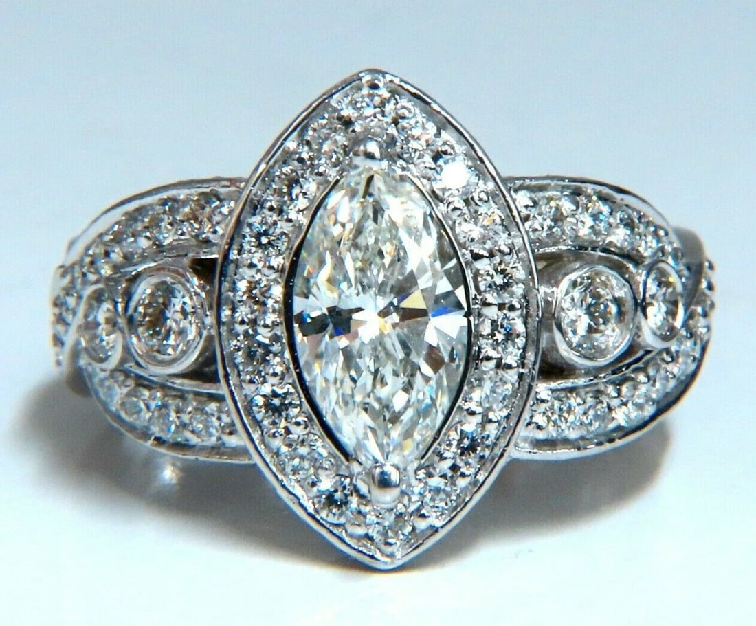 GIA Certified 1.01ct Natural Marquise Diamond Cluster Halo Ring 18kt - 2