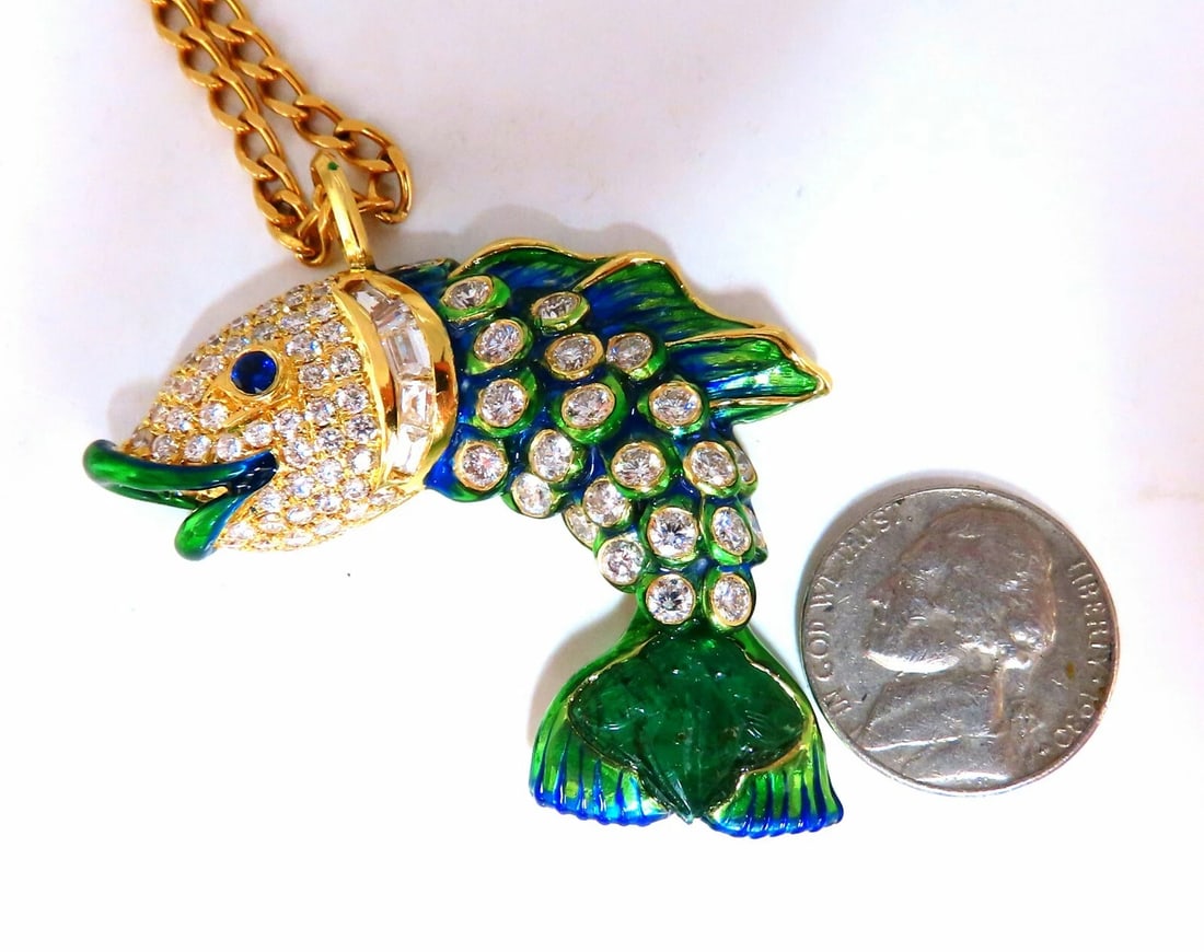10.12ct Natural Sapphire Emerald & Diamonds Enamel Fish Pendant 18kt - 7