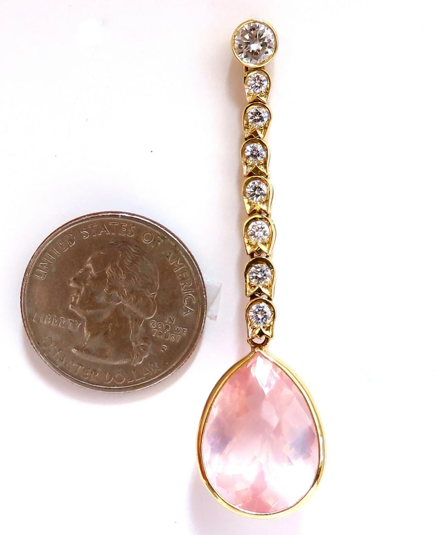 36.34ct Natural Rose Quartz Diamond Dangle Earrings 14 Karat Pink Flash - 3