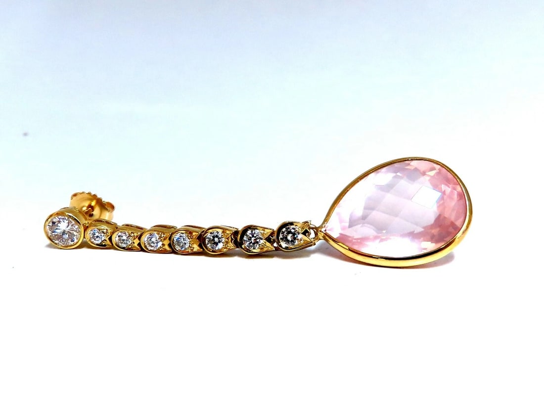 36.34ct Natural Rose Quartz Diamond Dangle Earrings 14 Karat Pink Flash - 4