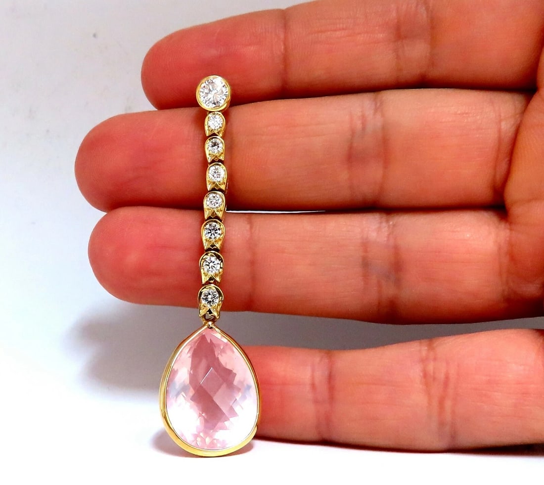 36.34ct Natural Rose Quartz Diamond Dangle Earrings 14 Karat Pink Flash - 5