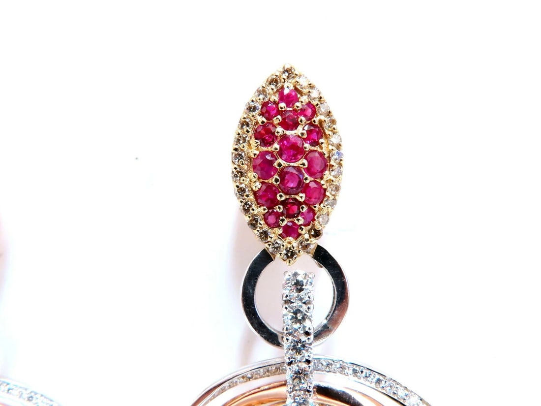 7.38ct Natural Ruby Diamond Dangle Chandelier Earrings 14 Karat Gold Omega - 2