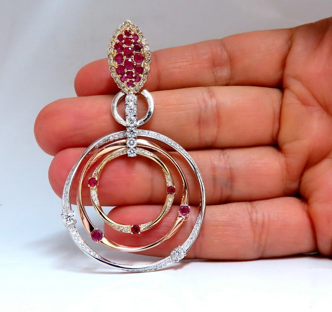 7.38ct Natural Ruby Diamond Dangle Chandelier Earrings 14 Karat Gold Omega - 7
