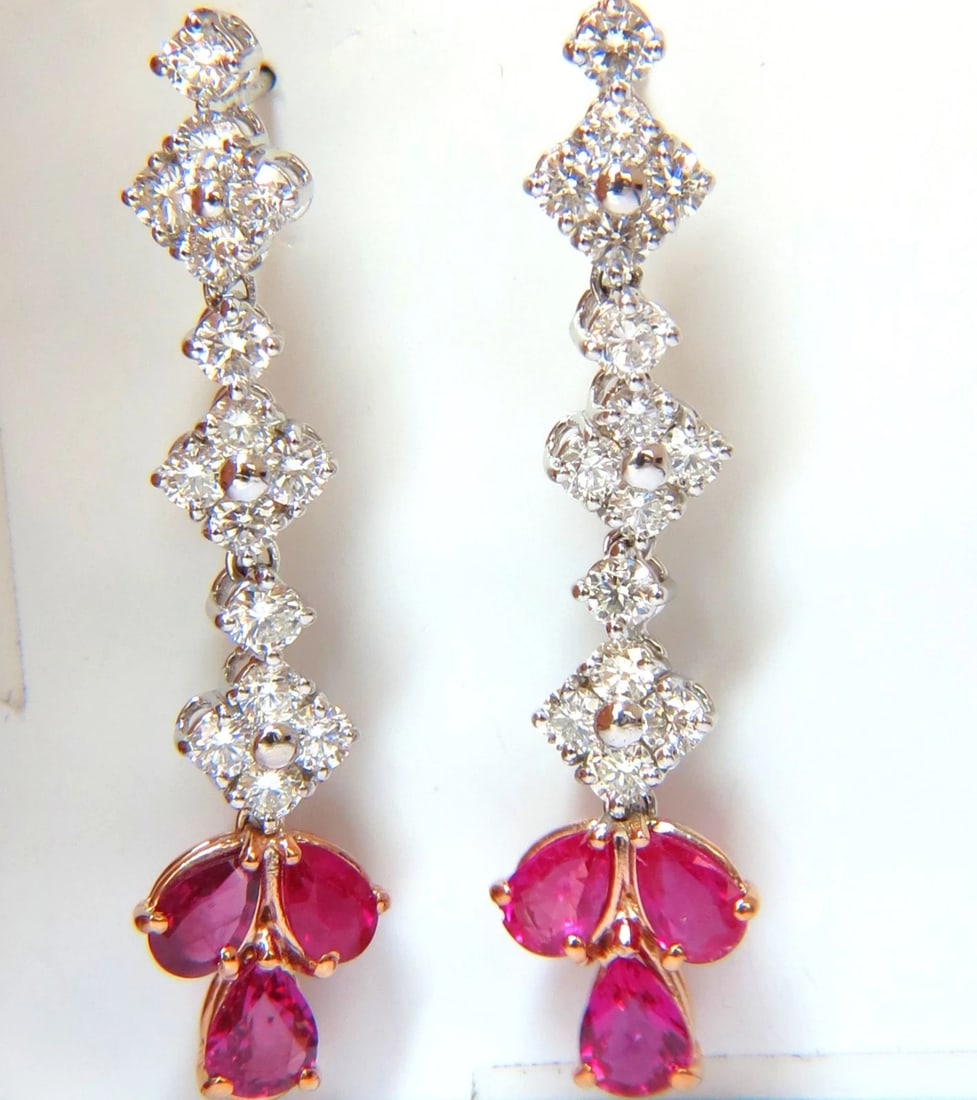 5.94CT NATURAL RED NO HEAT RUBY DIAMOND DANGLE EARRINGS 14KT - 2