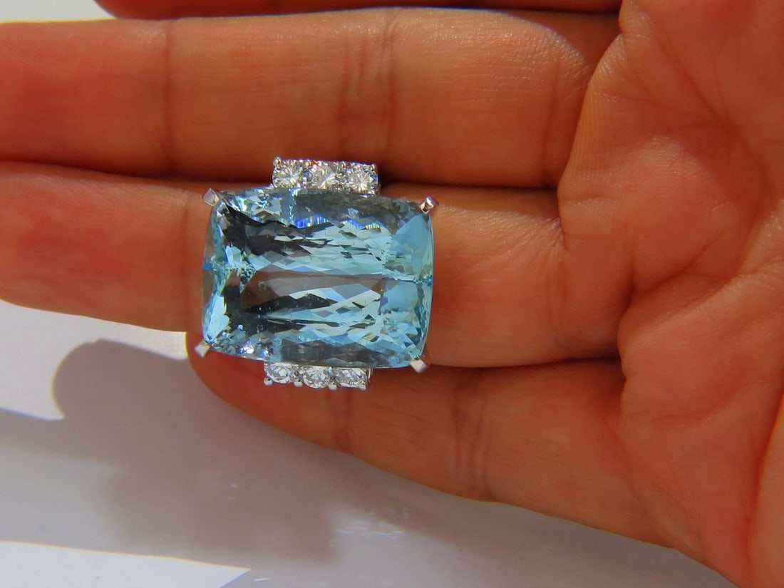 GIA CERTIFIED 39.10ct NATURAL CUSHION CUT AQUAMARINE DIAMONDS RING 14kt - 7