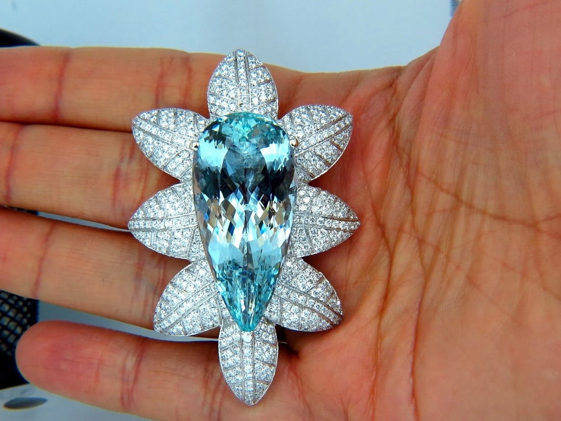 GIA CERTIFIED 69.37CT NATURAL AQUAMARINE DIAMONDS 3D PENDANT BROOCH PIN 18KT - 2