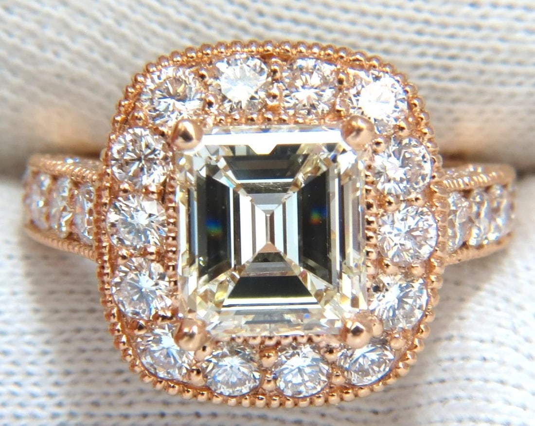 GIA CERTIFIED 5.37CT EMERALD CUT NATURAL DIAMOND RING 18KT HALO CLUSTER - 2