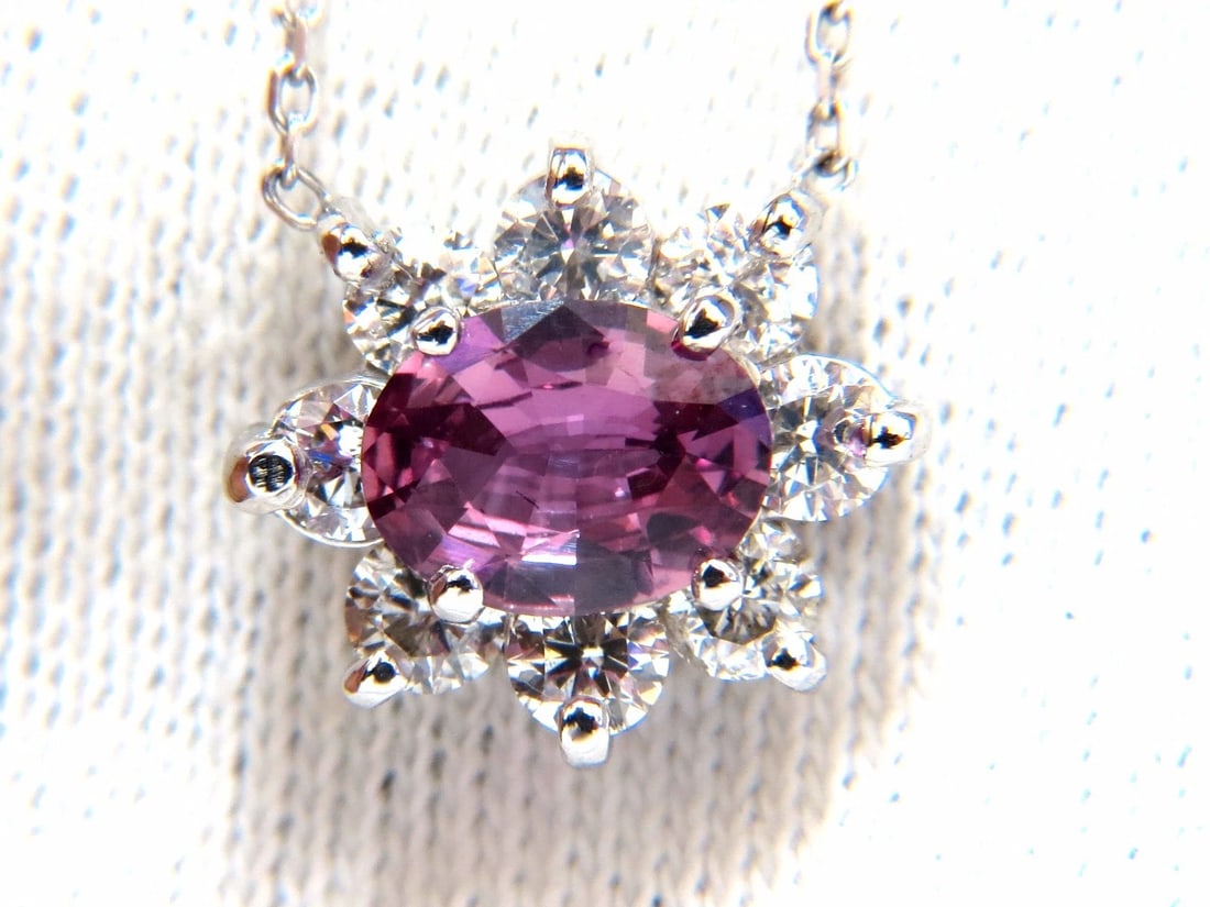 2.06ct natural purple pink sapphire cluster diamond necklace 14kt: Title: 2.06ct natural purple pink sapphire cluster diamond necklace 14kt Description: MAGNIFICENT JEWELS 1.16ct. Natural Sapphire Necklace Fine Purple Pink Color clean clarity & transparent Brilliant 