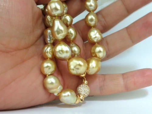 18KT 16.6M NATURAL SOUTH SEA GOLDEN PEARLS NECKLACE 1.50CT DIAMOND CLASP - 4