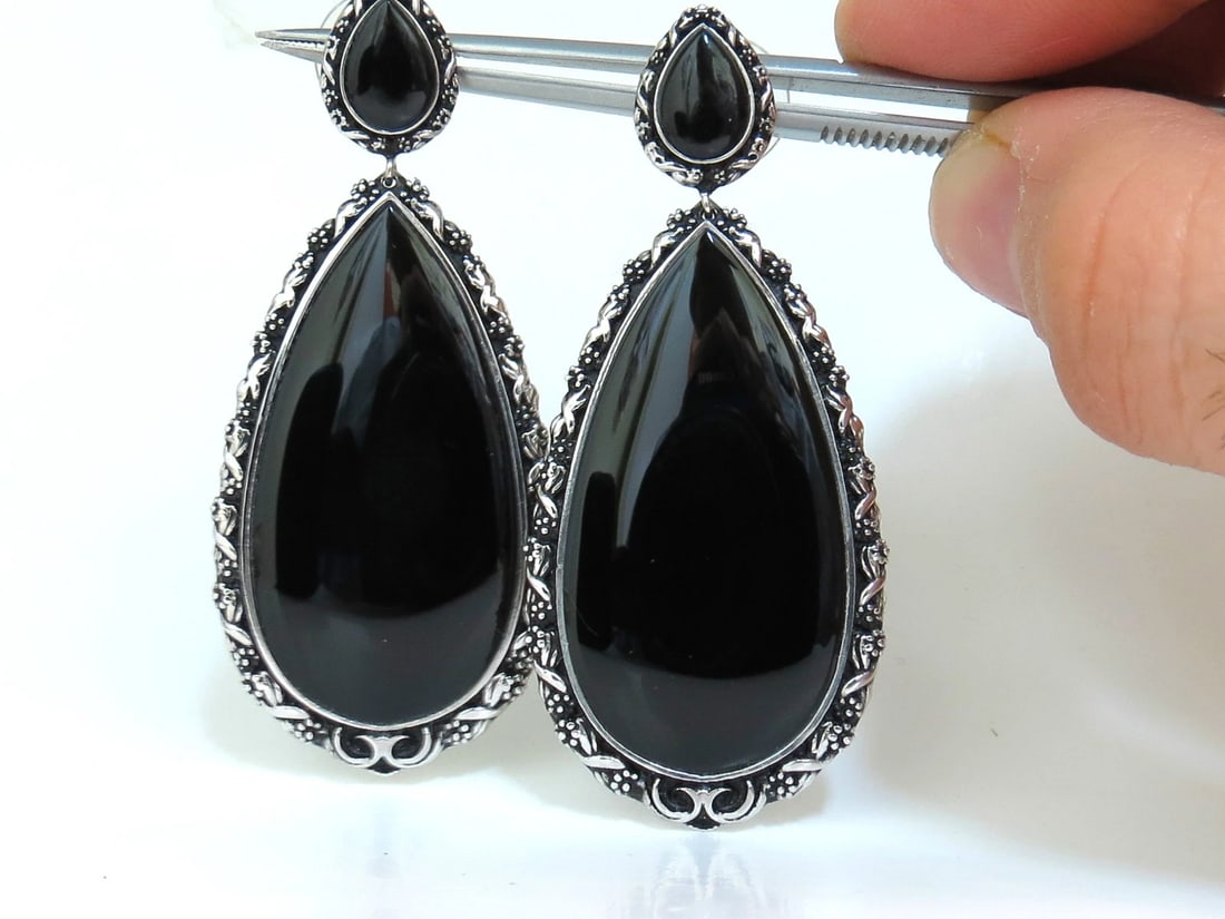 18KT GOTHIC SAXON REVIVAL GILT DECO NATURAL JET BLACK ONYX DANGLE EARRINGS - 2