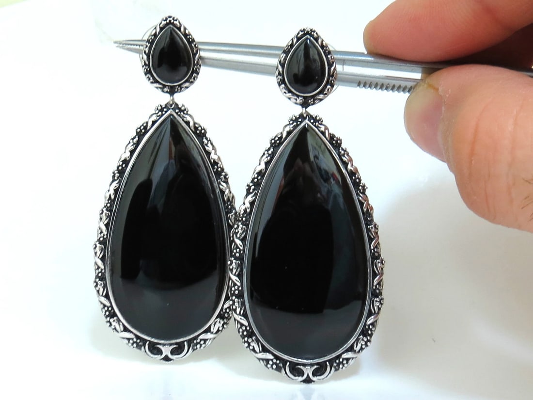 18KT GOTHIC SAXON REVIVAL GILT DECO NATURAL JET BLACK ONYX DANGLE EARRINGS - 3