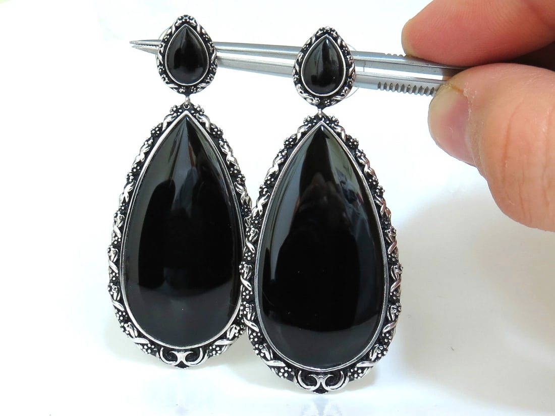 18KT GOTHIC SAXON REVIVAL GILT DECO NATURAL JET BLACK ONYX DANGLE EARRINGS - 4